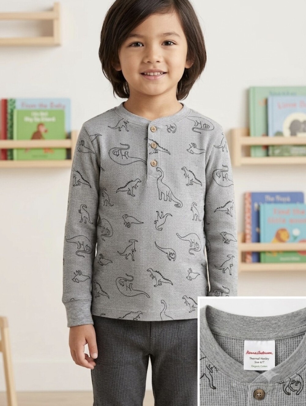 Hanna Andersson Grey Dinosaur Thermal Henley Long Sleeve Shirt Size 6/7 (120cm)